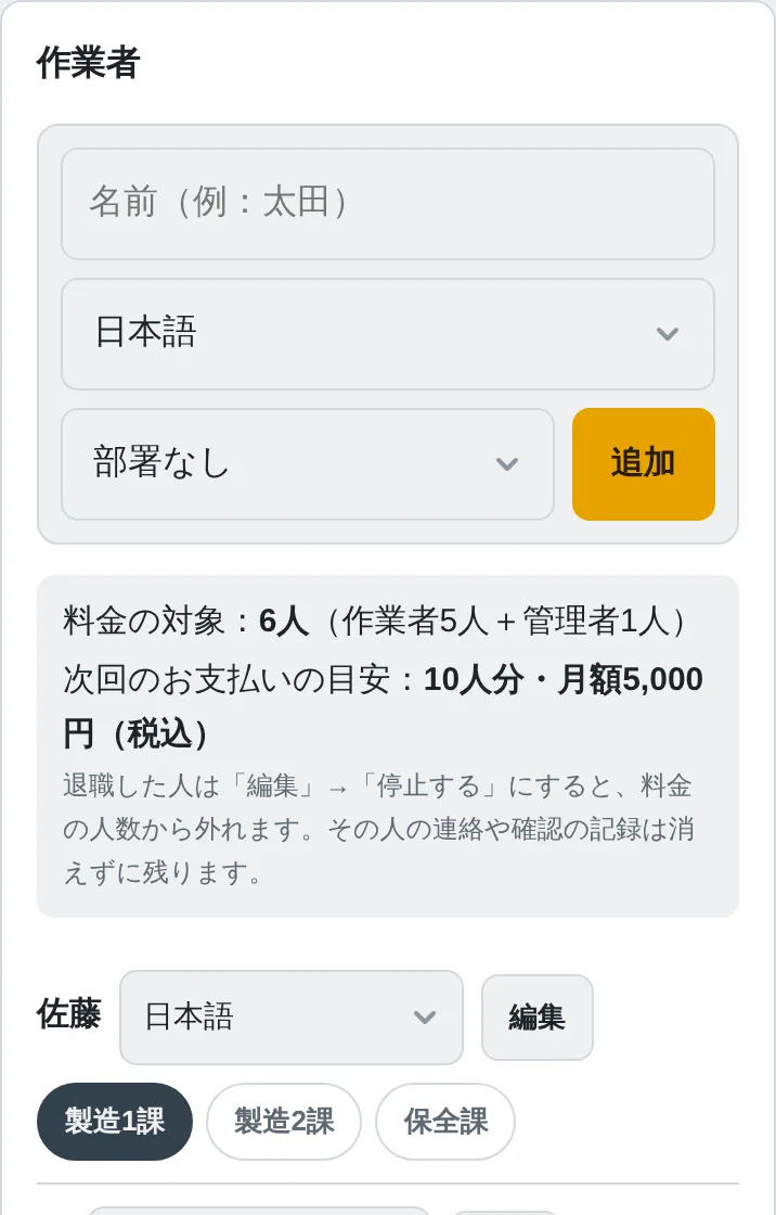 作業者の一覧